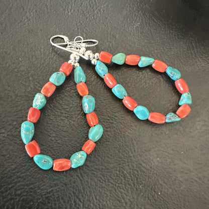 Blue Turquoise Coral Navajo Sterling Silver Earrings 2” 18834
