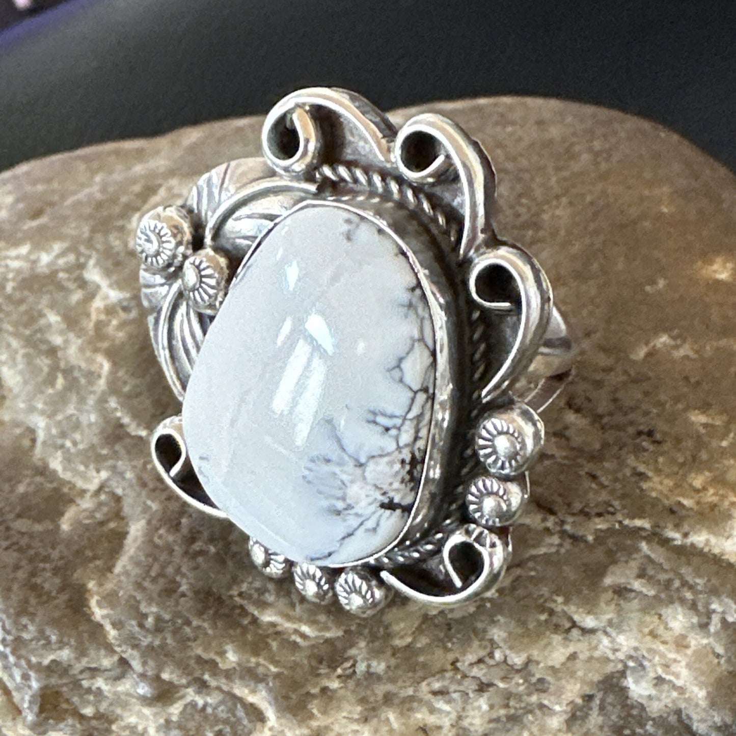 Mens Womens White Buffalo Turquoise Navajo Sterling Silver Ring Size 10 18103