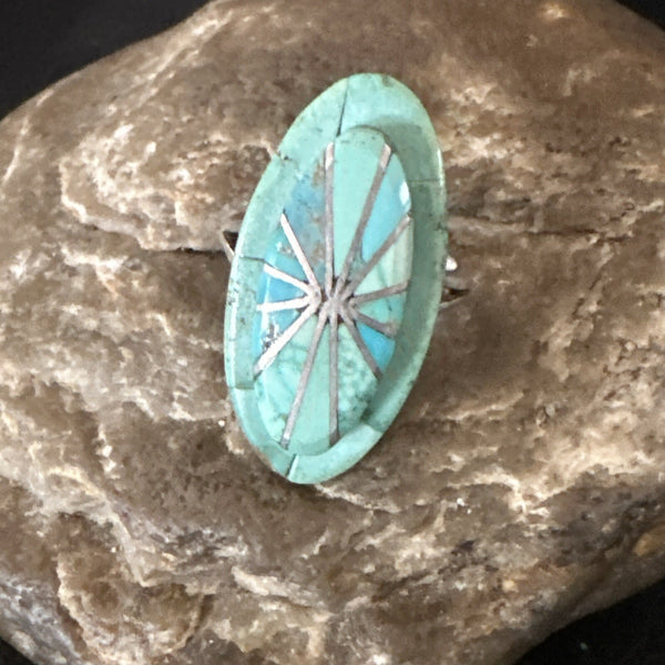 Navajo Blue Turquoise Inlay Band Ring Sz 7.5 | Authentic Native American Handmade | 18762