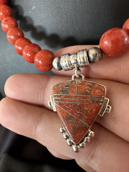 Navajo Apple Sponge Coral Sterling Silver Necklace Pendant 18328