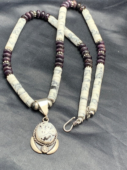Native  Purple Stone & Howlite Bead Navajo Sterling Silver Necklace 04606