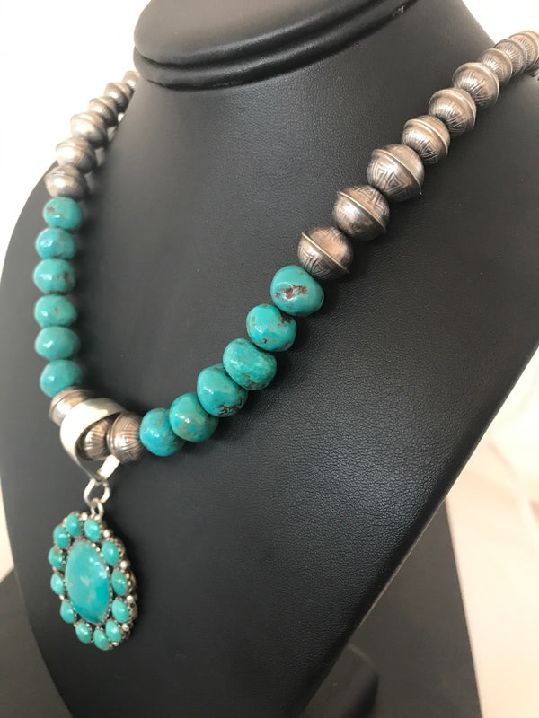 Navajo Pearls Kingman Beads Turquoise Necklace Pendant | Sterling Silver | Authentic Native American Handmade | 01223