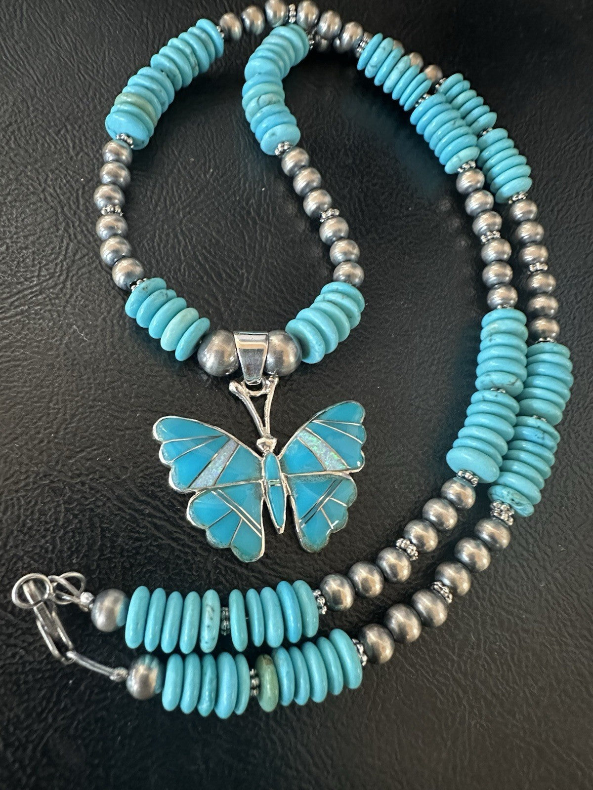 Butterfly Blue Turquoise Opal Pendant Navajo Sterling Silver Necklace 19511