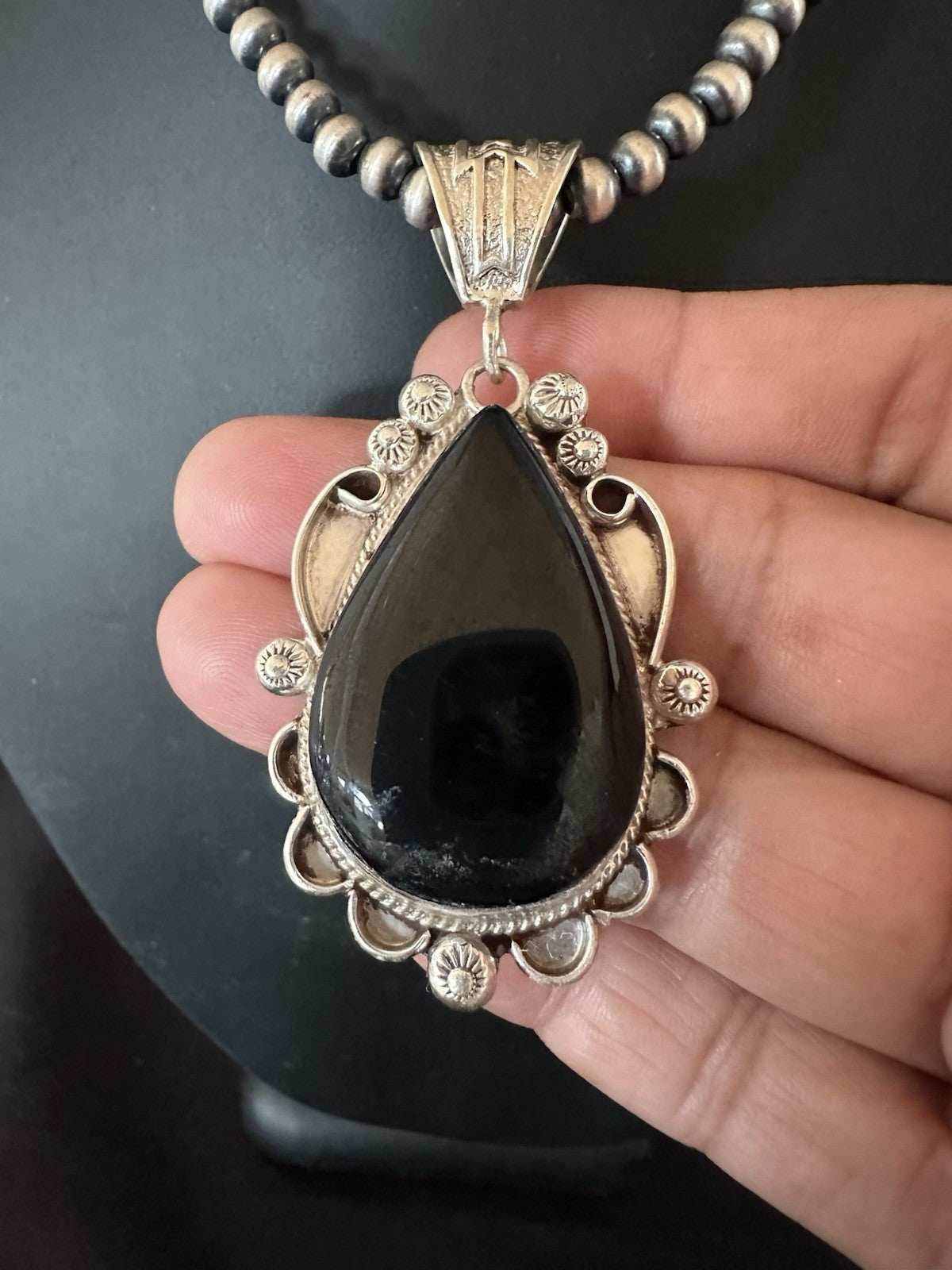 Black Onyx Pendant Navajo Pearls Sterling Silver Necklace 19384