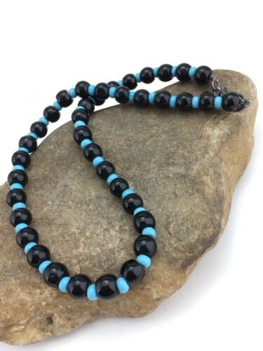 Navajo Black Onyx Turquoise Bead Necklace 18" | Sterling Silver | Authentic Native American Handmade | 4882