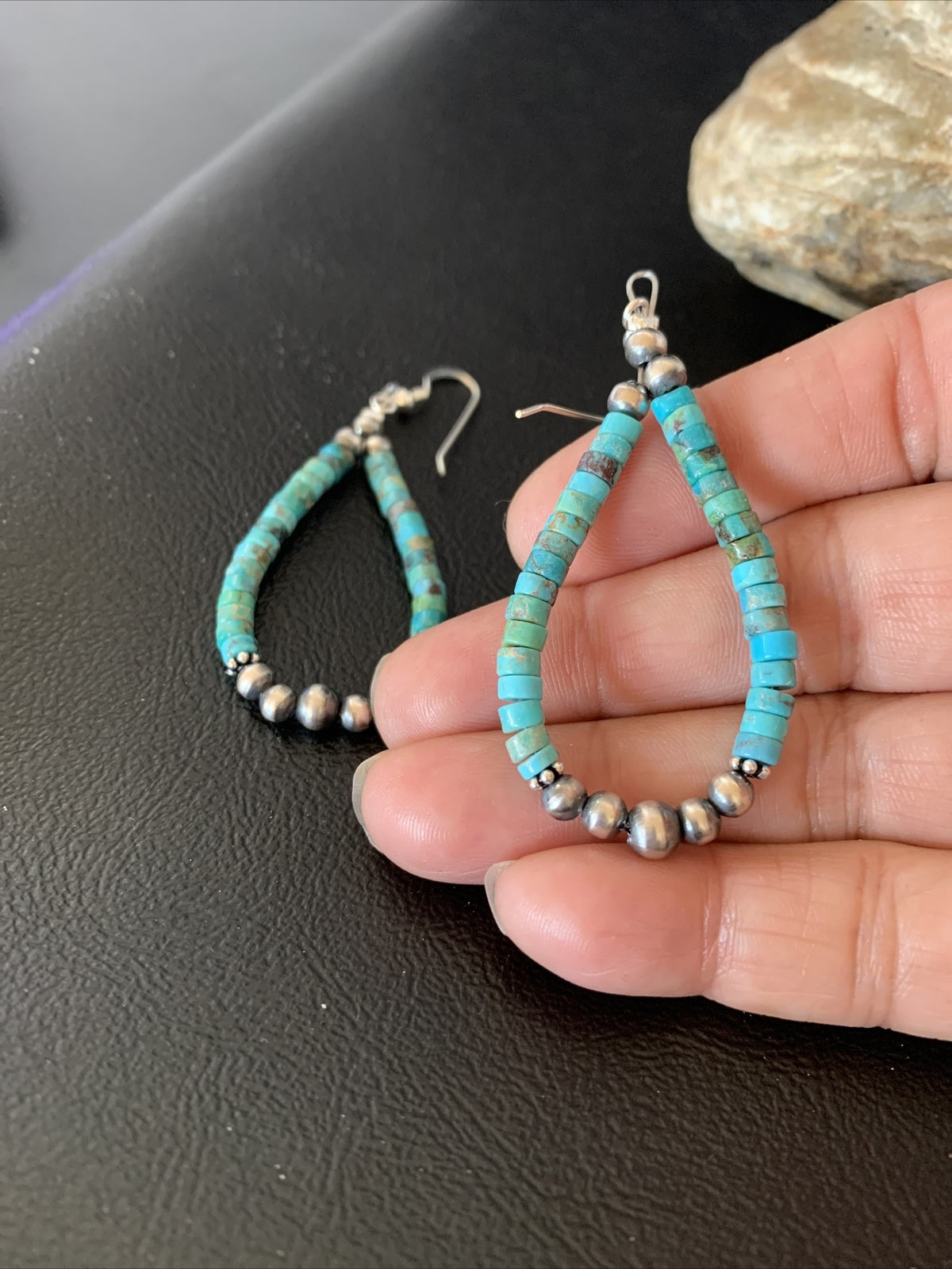 Blue Turquoise Heishi Sterling Silver Navajo Beads Earrings 2" 13043