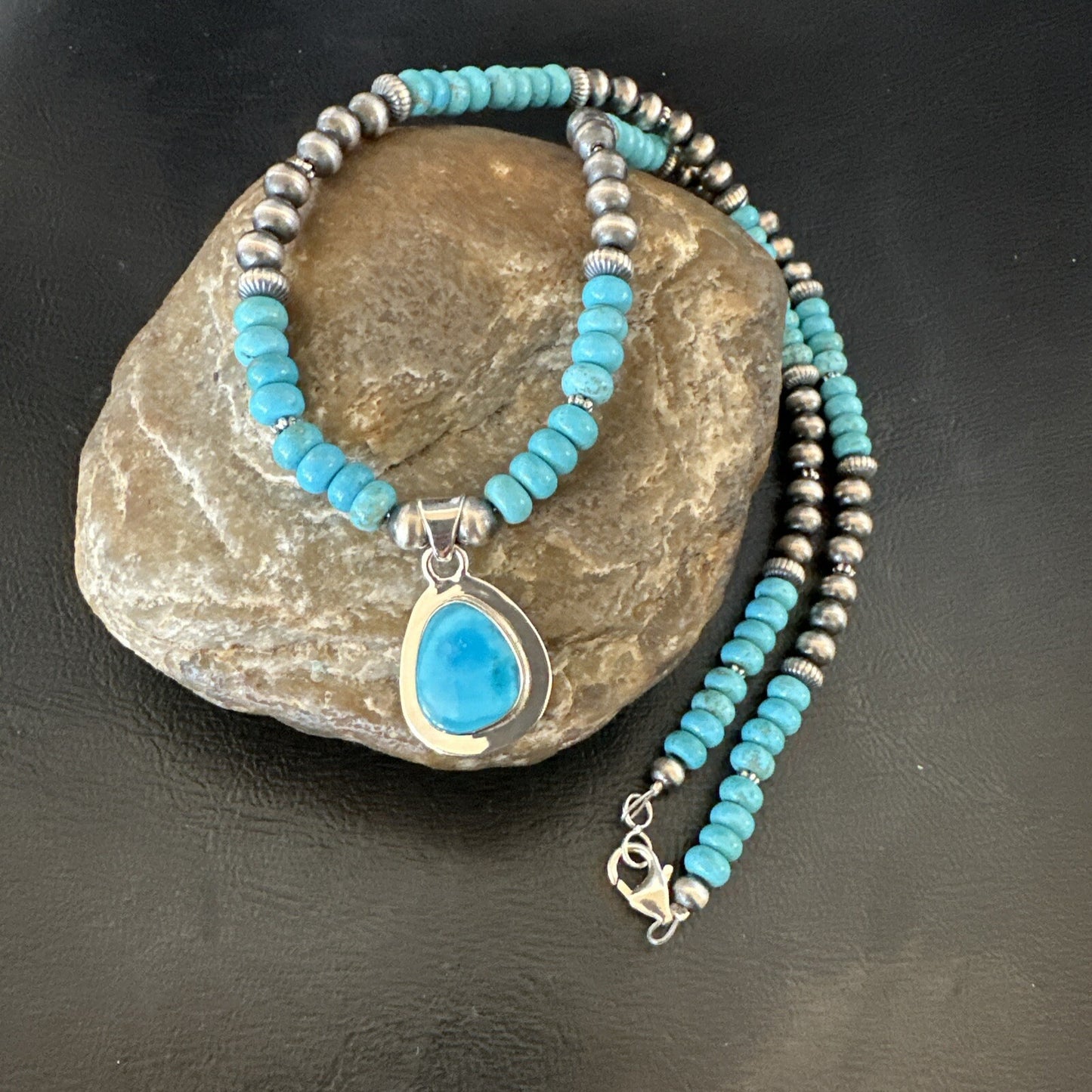 Mens Blue Kingman Turquoise Pendant Navajo Sterling Silver Necklace 21" 18111