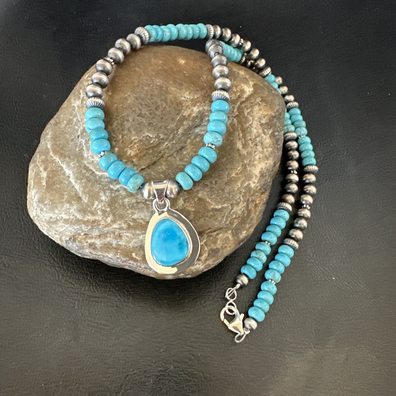 Mens Blue Kingman Turquoise Pendant Navajo Sterling Silver Necklace 21" 18111