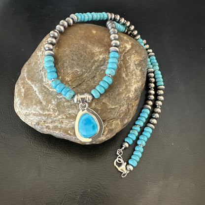 Mens Blue Kingman Turquoise Pendant Navajo Sterling Silver Necklace 21" 18111