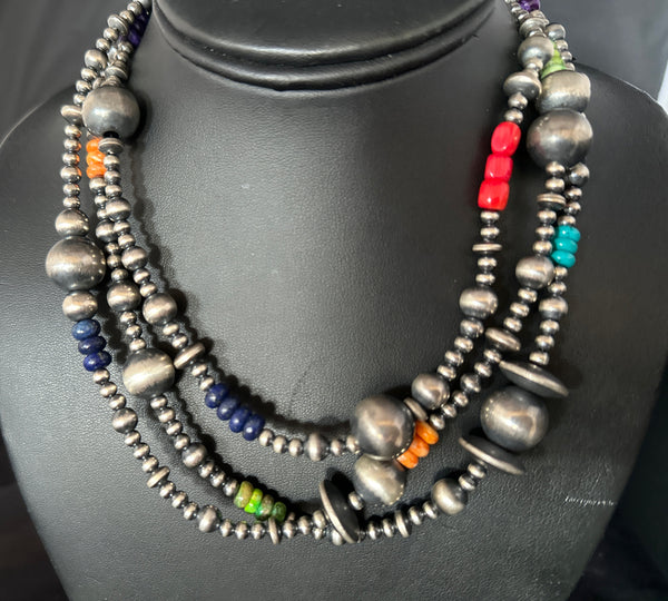 Turquoise, Coral Spiny Oyster Navajo Pearls Bead Necklace 48" | Sterling Silver | Authentic Native American Handmade