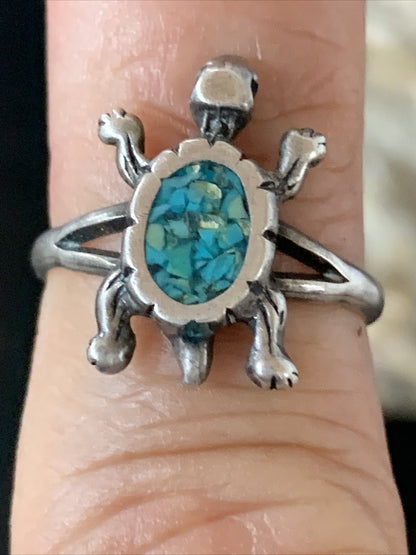 Blue Turquoise Navajo Sterling Silver Old Pawn Turtle Ring Size 4.5 10787