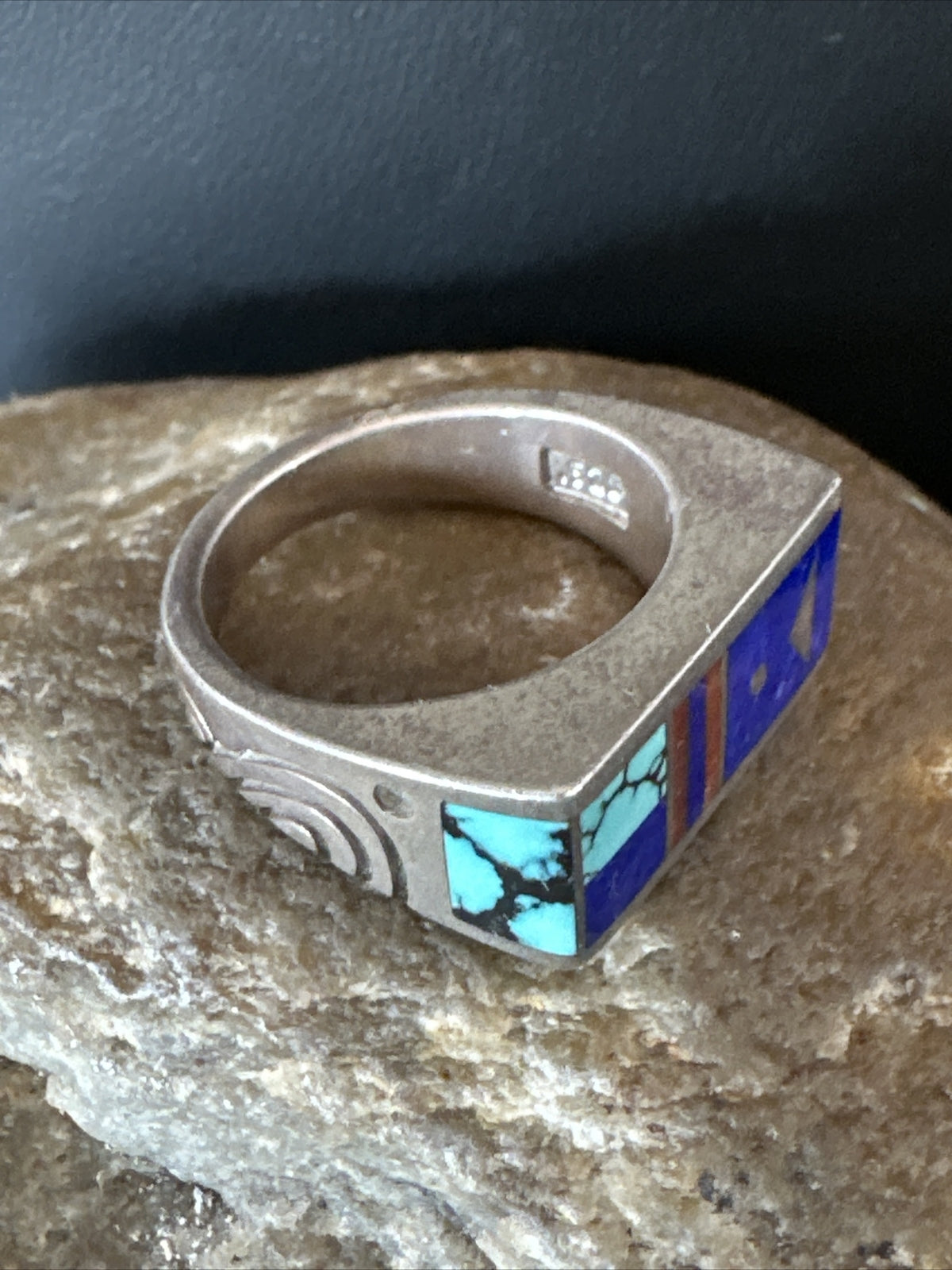 Mens Inlay Navajo Sterling Silver Lapis Blue Spiderweb Turquoise Ring Sz 8 15915