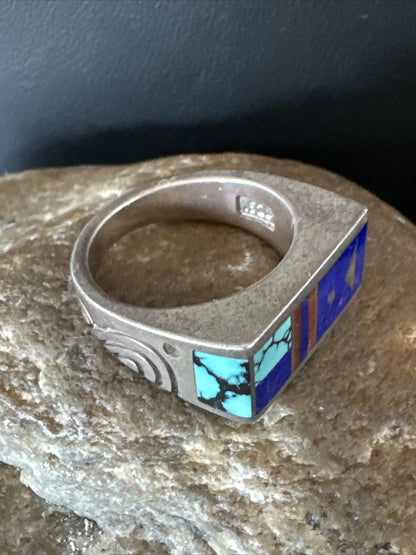 Mens Inlay Navajo Sterling Silver Lapis Blue Spiderweb Turquoise Ring Sz 8 15915