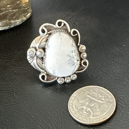 Mens Womens White Buffalo Turquoise Navajo Sterling Silver Ring Size 10 18103