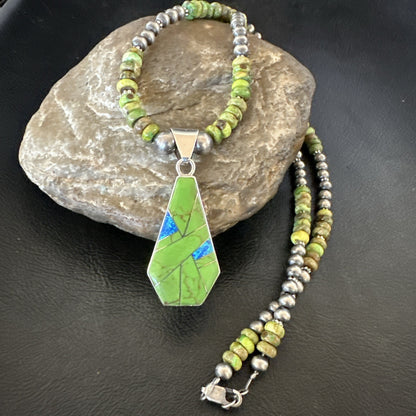 Womens Green Gaspeite Turquoise Pendant Navajo Sterling Silver Necklace 19546