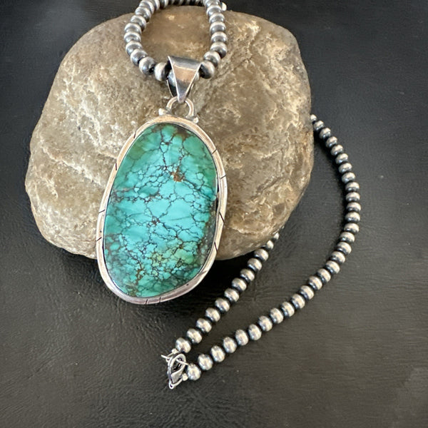 Blue Green Spiderweb Turquoise Pendant Beads Necklace | Sterling Silver | Authentic Native American Handmade | 19494