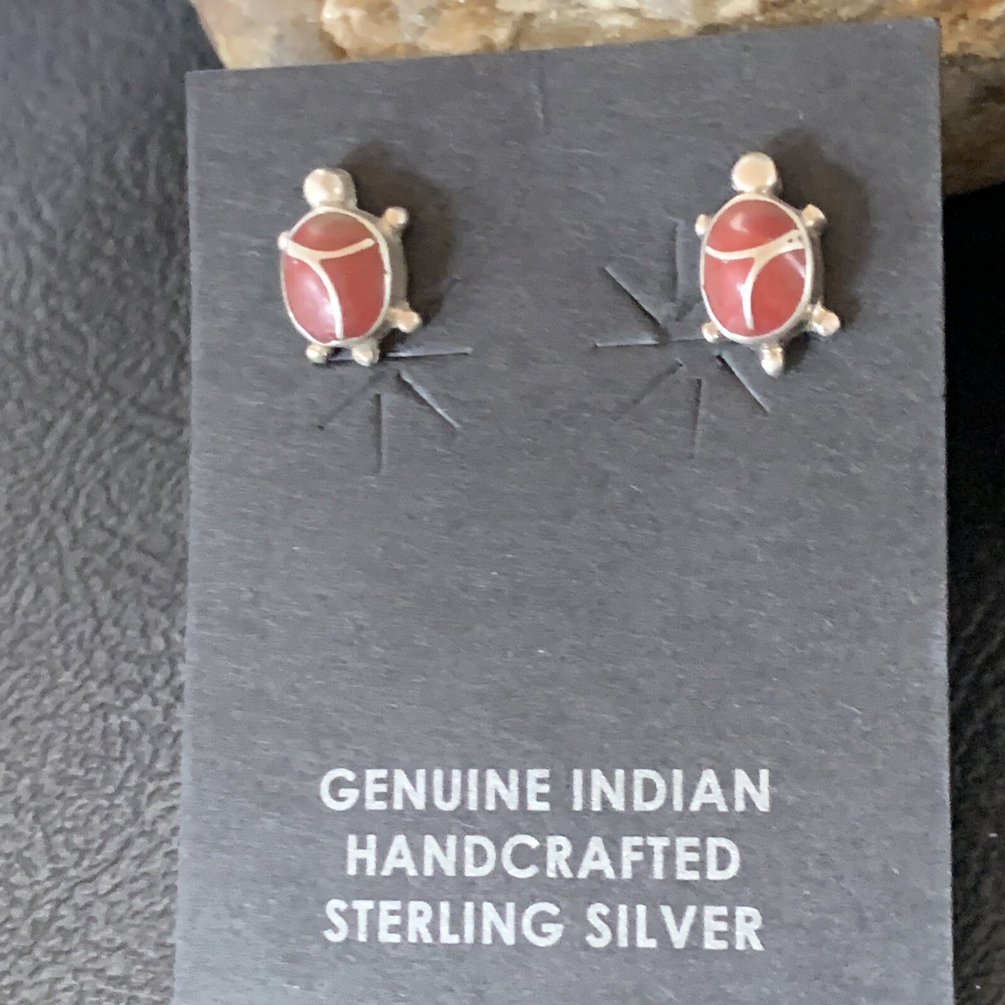 Womens Orange Spiny Oyster Turtle Inlay Navajo Sterling Silver Earrings 12833
