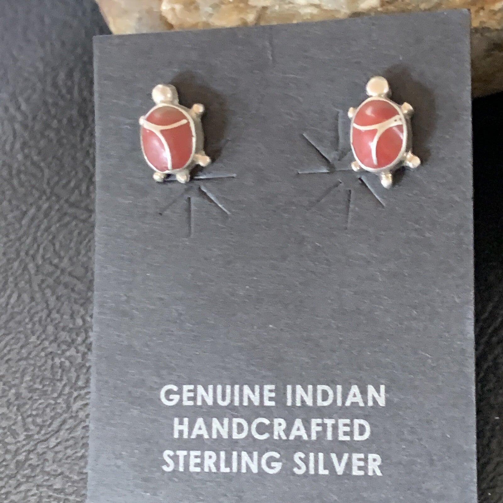 Womens Orange Spiny Oyster Turtle Inlay Navajo Sterling Silver Earrings 12833