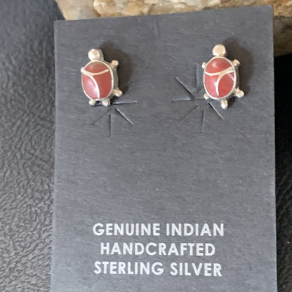 Womens Orange Spiny Oyster Turtle Inlay Navajo Sterling Silver Earrings 12833