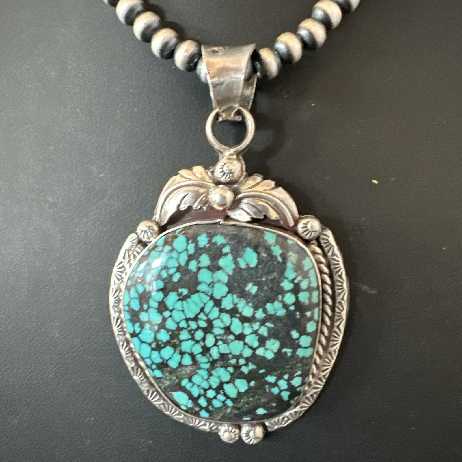 WoMens Navajo Sterling Silver Blue Spiderweb Turquoise Necklace Pendant 19297