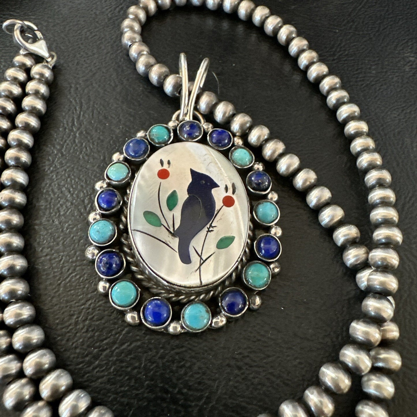 Blue Turquoise Black Onyx Inlay Pendant Sterling Silver Necklace 20�17926