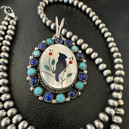 Blue Turquoise Black Onyx Inlay Pendant Sterling Silver Necklace 20�17926