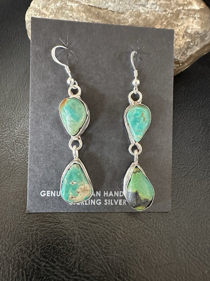 Green Royston Turquoise Navajo Sterling Silver Dangle Earrings 19370