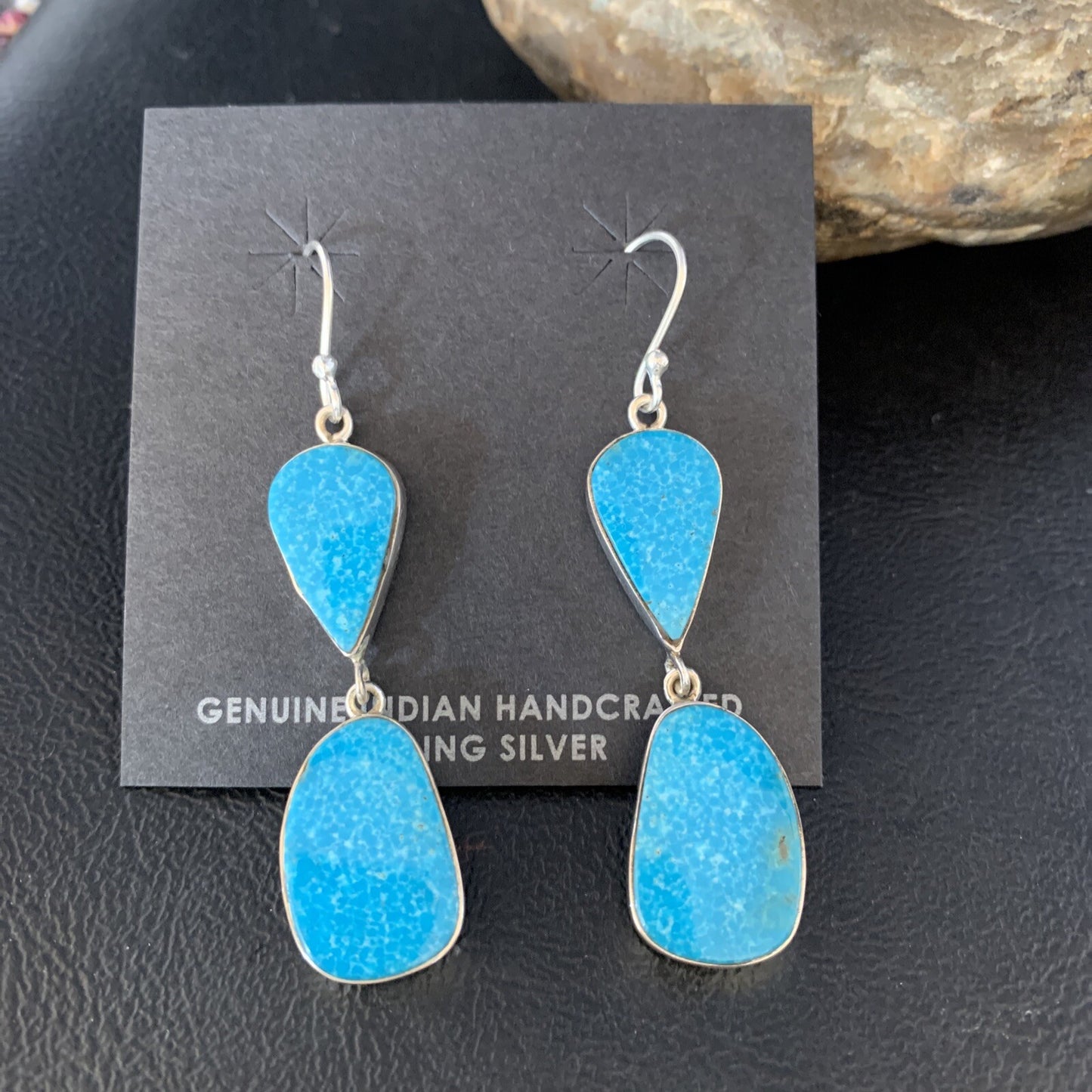Kingman Turquoise Navajo Sterling Silver Dangle Earrings 1.5" 14014