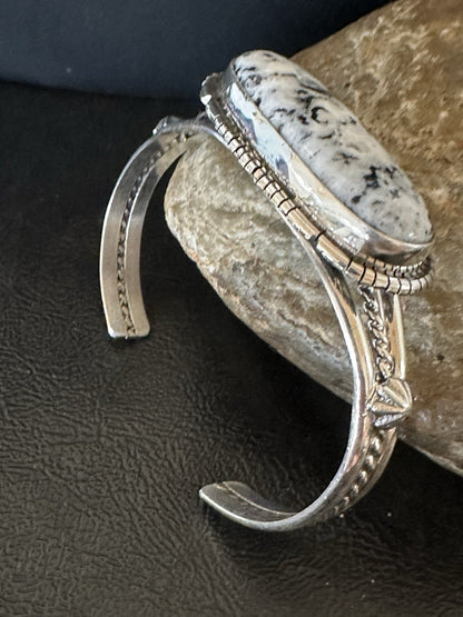 White Buffalo Turquoise Navajo Sterling Silver Cuff Bracelet 7.25" 19393