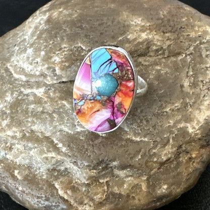 Blue Turquoise Spiny Oyster Southwestern Sterling Silver Ring Size 7 18495