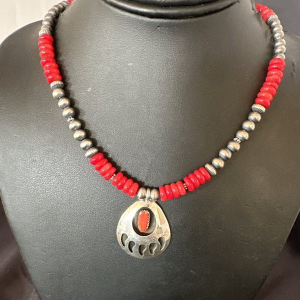 Men's Red Coral BearPaw Pendant Navajo Pearls Necklace | Sterling Silver | Authentic Native American Handmade | 17883