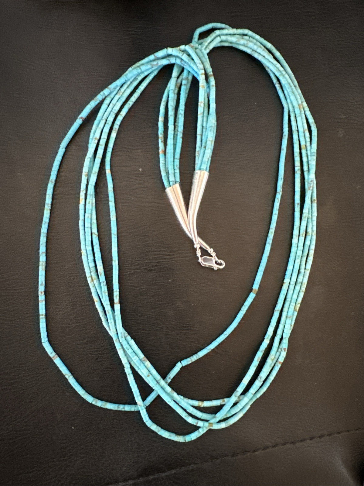 Native Blue Turquoise Heishi 5 Strand Sterling Silver Necklace 24” 19458