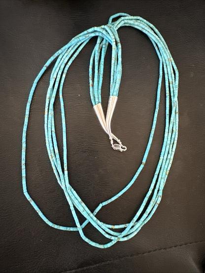 Native Blue Turquoise Heishi 5 Strand Sterling Silver Necklace 24” 19458