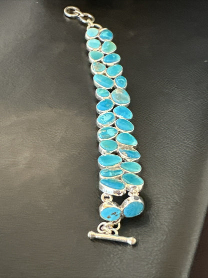 WoMen Blue Kingman Turquoise Sterling Silver Southwestern Link Bracelet 17974