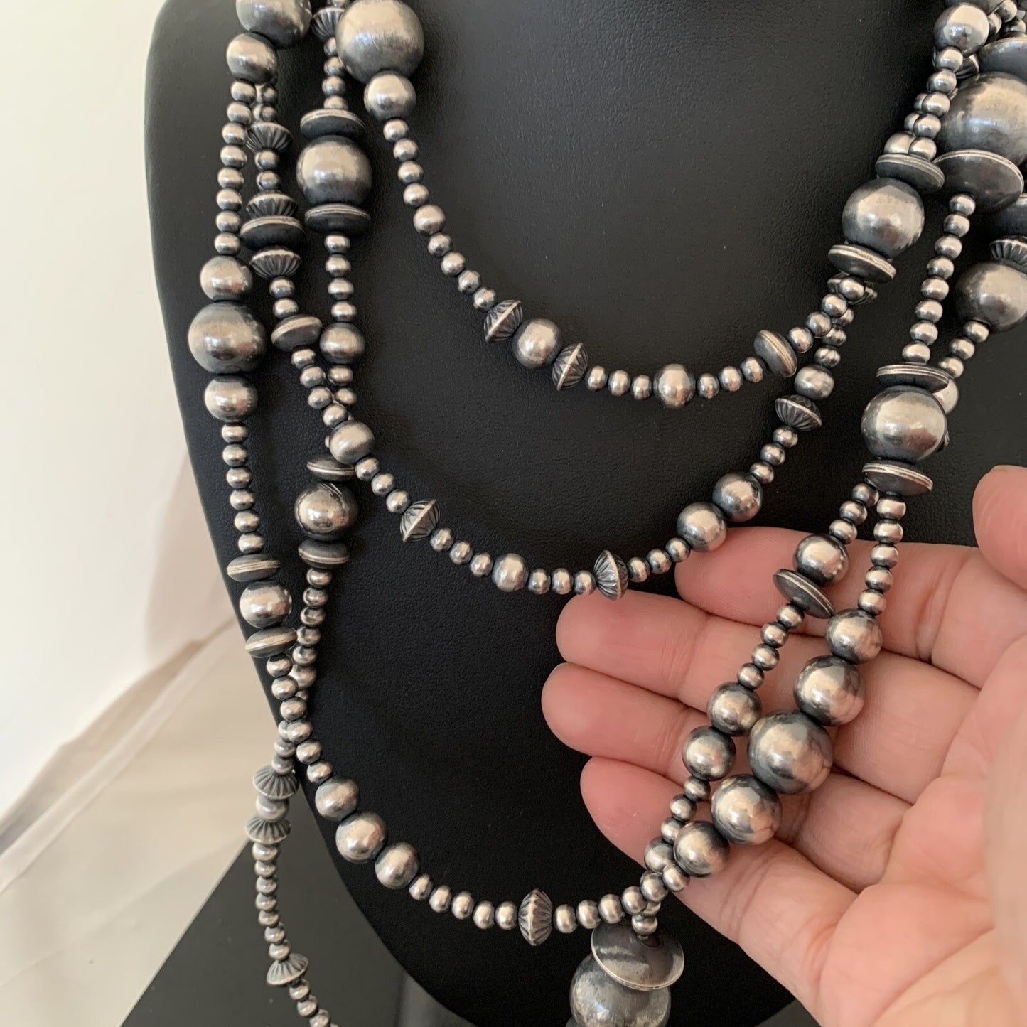 Native American Sterling Silver Navajo Mixed Beads 80" Necklace 92326