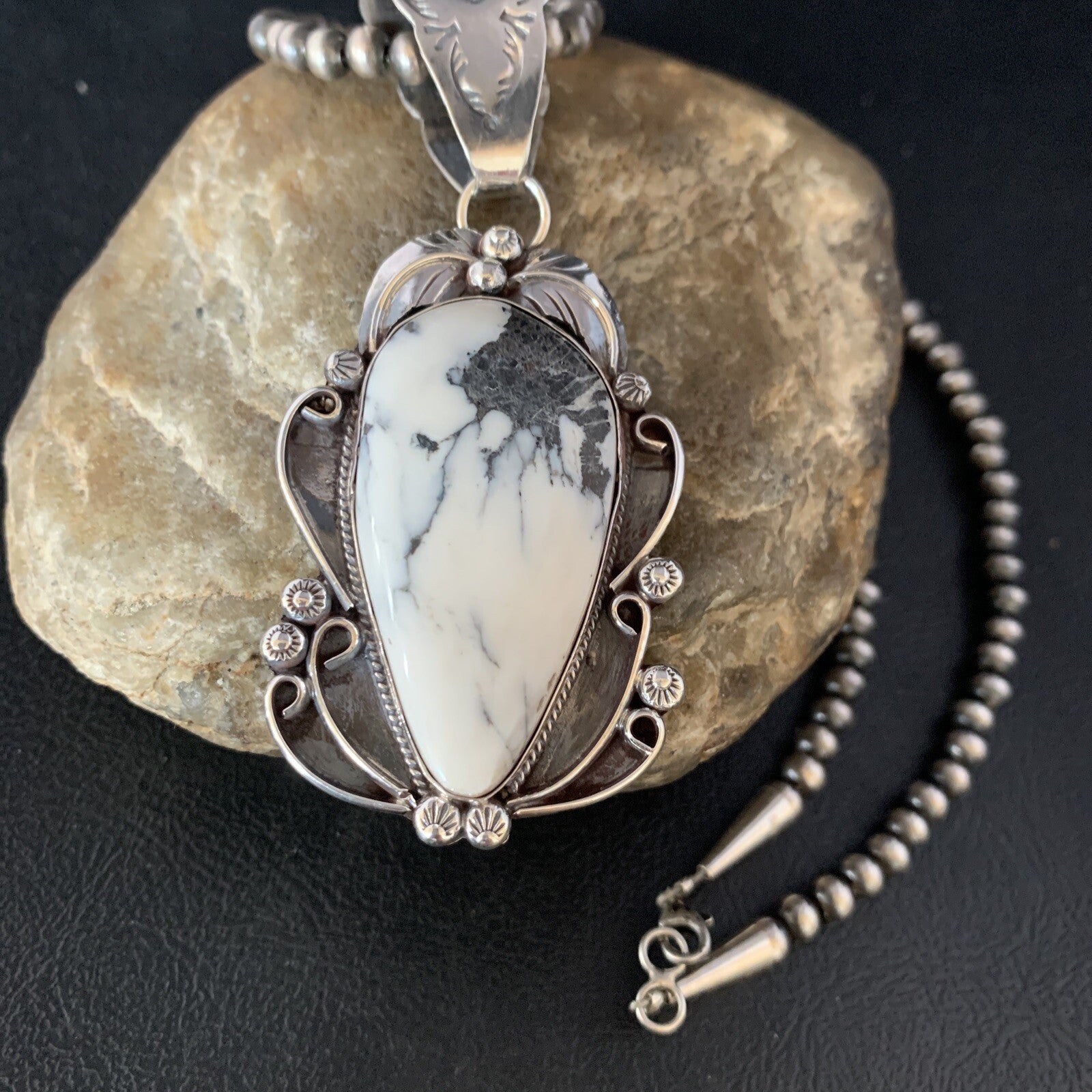White Buffalo Turquoise Pendant Necklace Sterling Silver Navajo 13994
