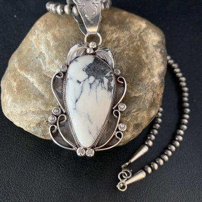White Buffalo Turquoise Pendant Necklace Sterling Silver Navajo 13994