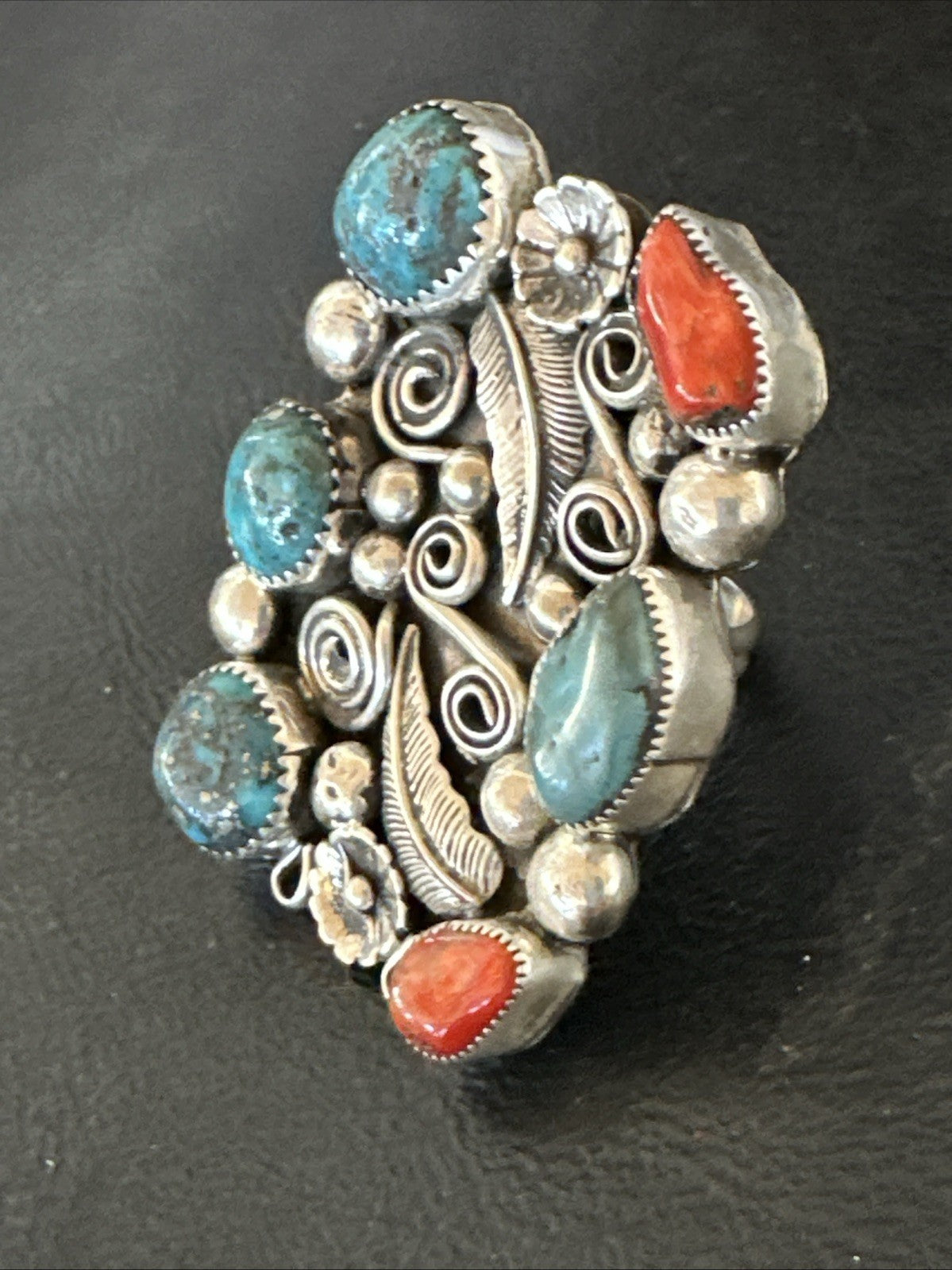 Navajo Blue Turquoise Coral Ring Multi-Stone Cluster Sz 10.5 19779