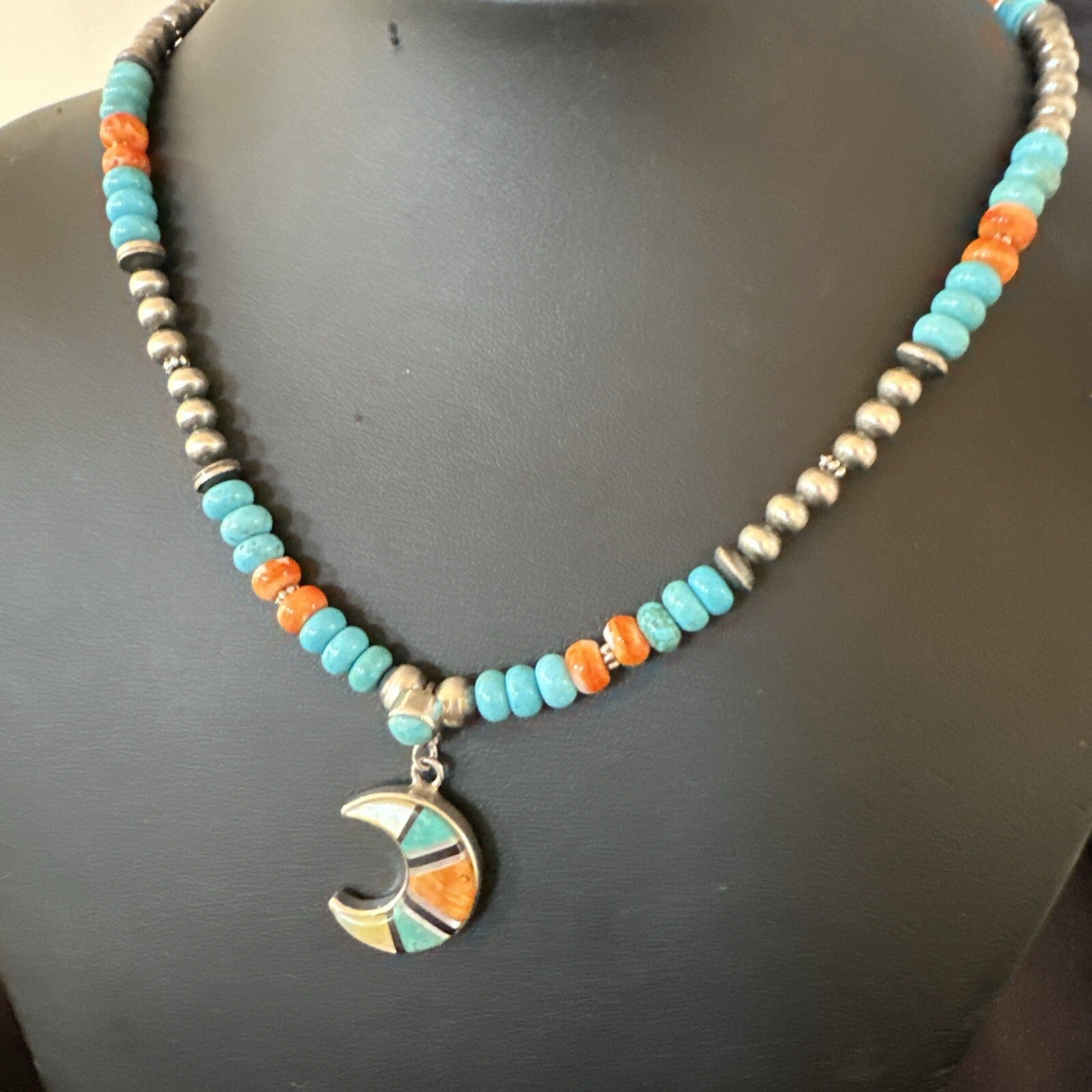 Crescent Multicolor Turquoise Pendant Navajo Sterling Silver Necklace 18731