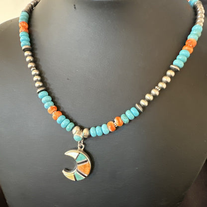 Crescent Multicolor Turquoise Pendant Navajo Sterling Silver Necklace 18731
