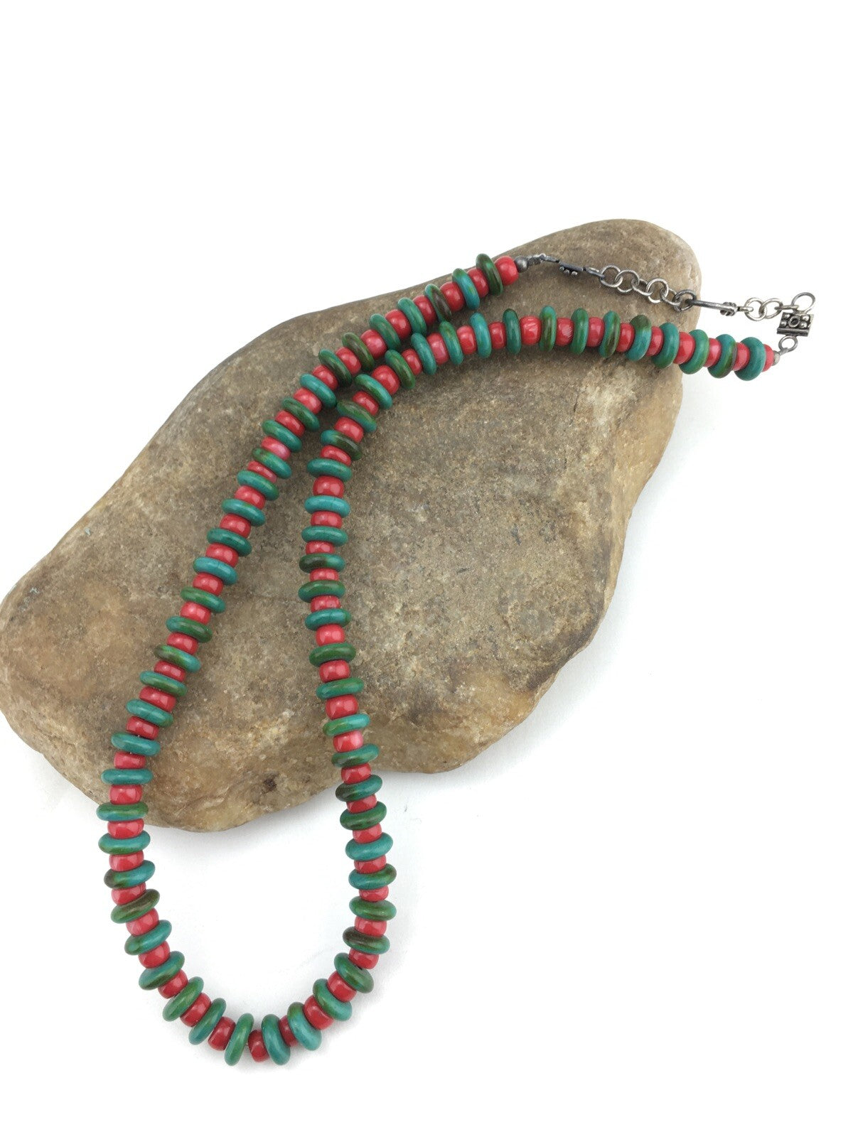 Native Mens Turquoise & Coral Bead Navajo Sterling Silver Necklace 22" 3712
