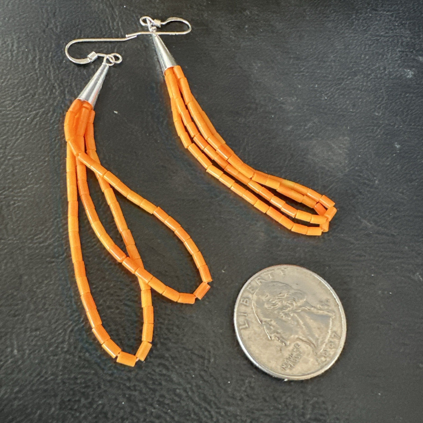 Orange Beads 2 Strands Heishi Liquid Sterling Silver Dangle Earrings 3” 19040