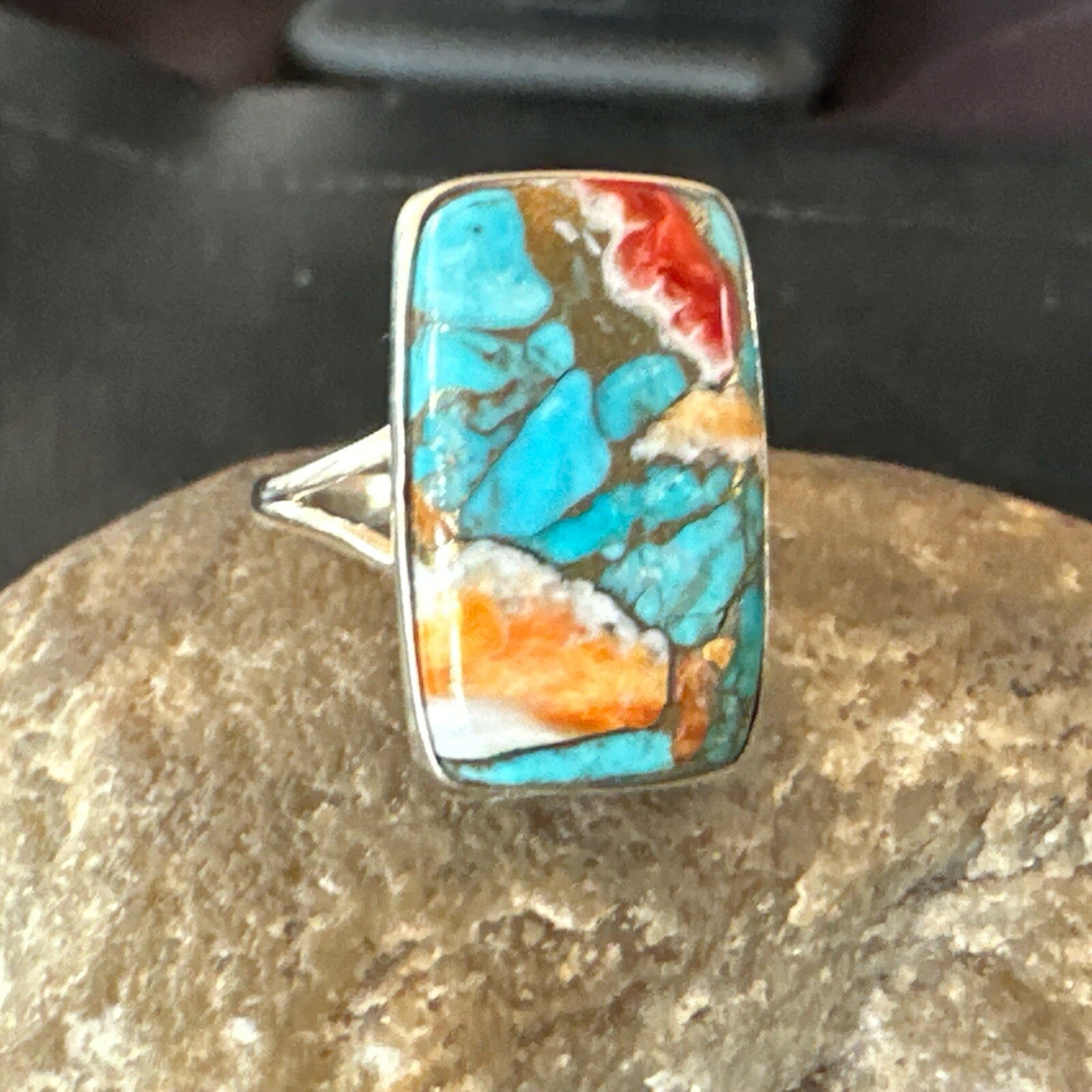 Blue Turquoise Spiny Oyster Southwestern Sterling Silver Ring Size 9 18467