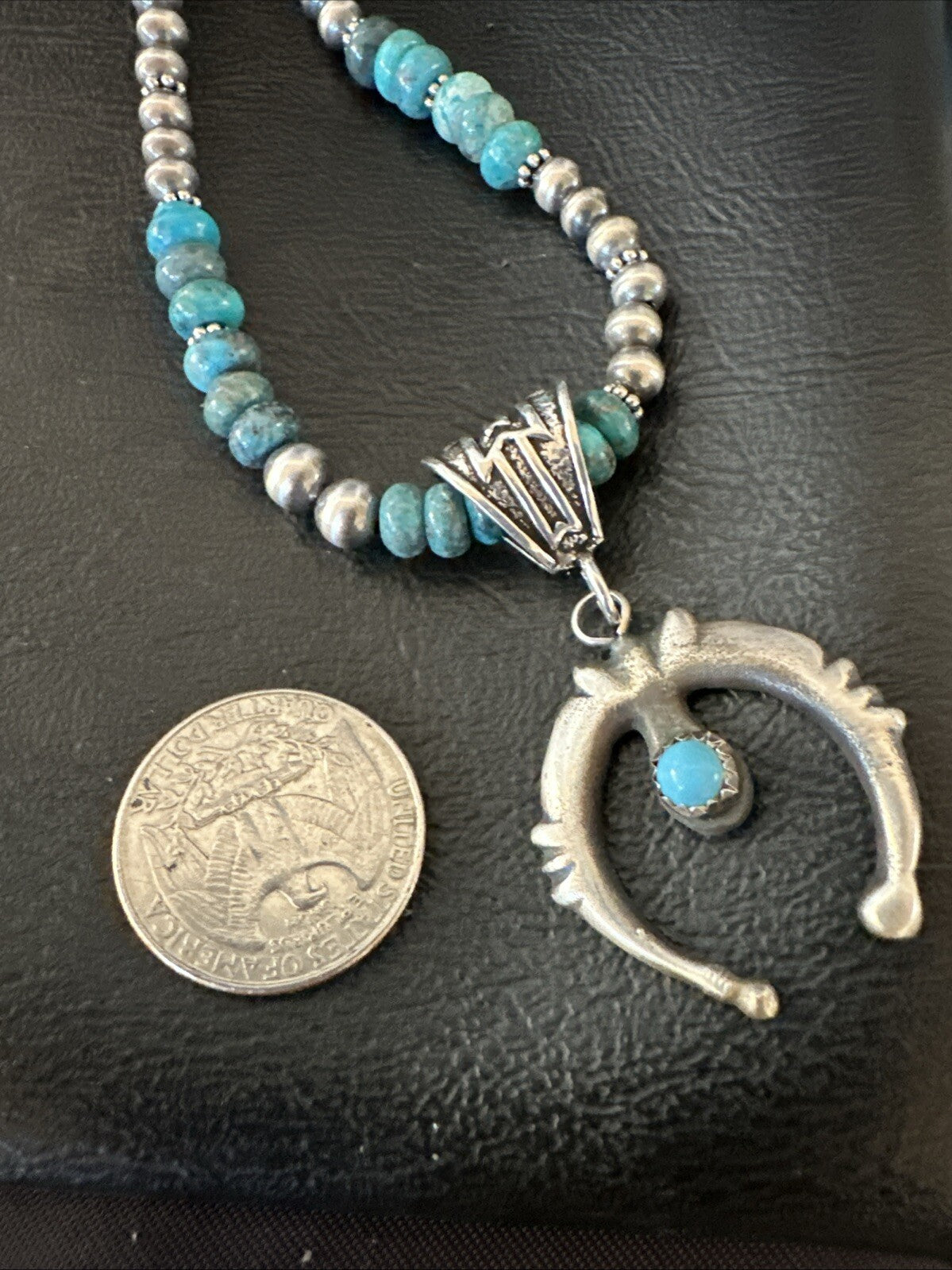 Blue Turquoise Naja Pendant 6mm Beads Navajo Sterling Silver Necklace 21" 18674