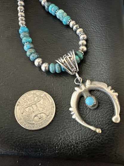 Blue Turquoise Naja Pendant 6mm Beads Navajo Sterling Silver Necklace 21" 18674