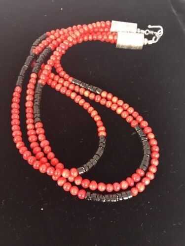 Navajo Coral Necklace Pendant Sterling Silver 20" 3 Strand 8006