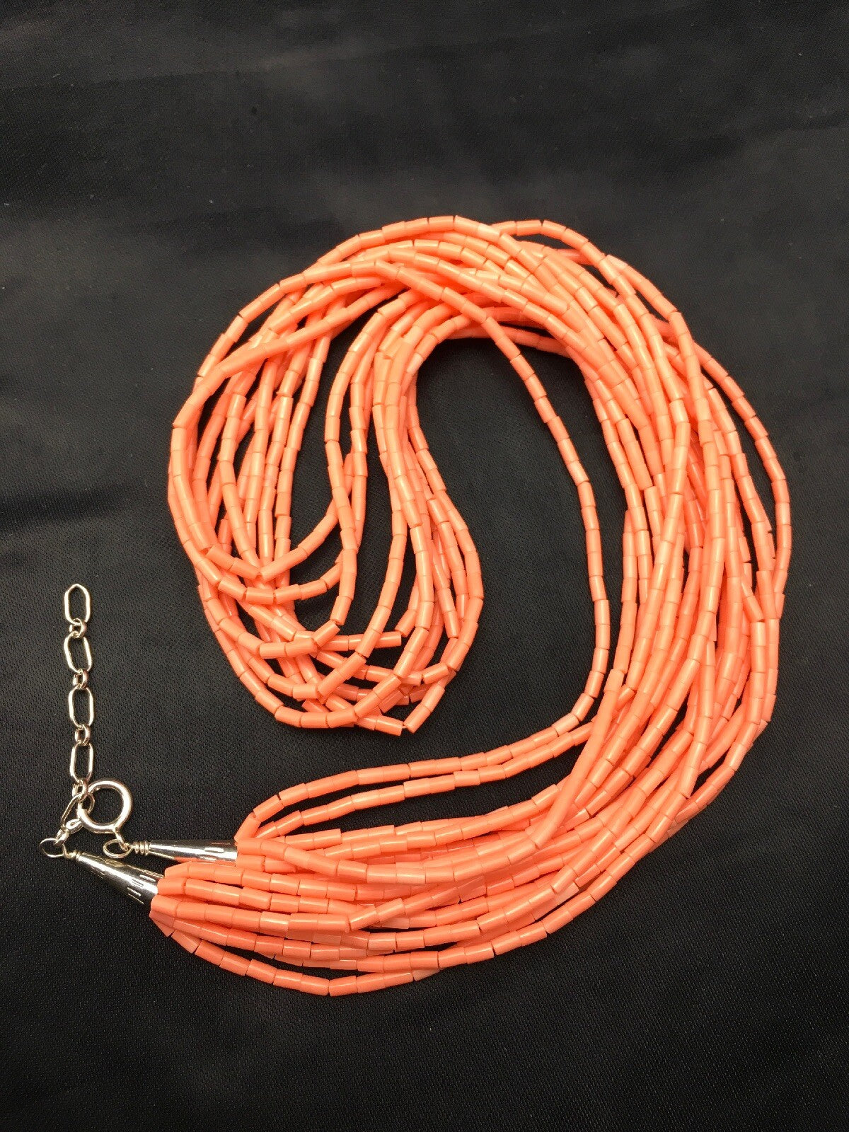Native American Pink Coral Navajo Sterling Silver Necklace 10 Strand 4388