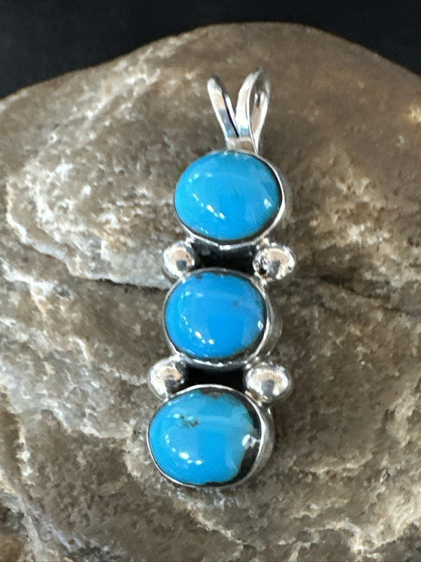 Robin Egg Turquoise 3 Stone Navajo Cluster Pendant | Sterling Silver | Authentic Native American Handmade | 18337