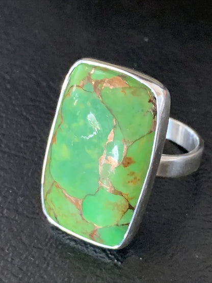 Green Mohave Turquoise Navajo Sterling Silver Ring Size 8.5 Adjustable 11793