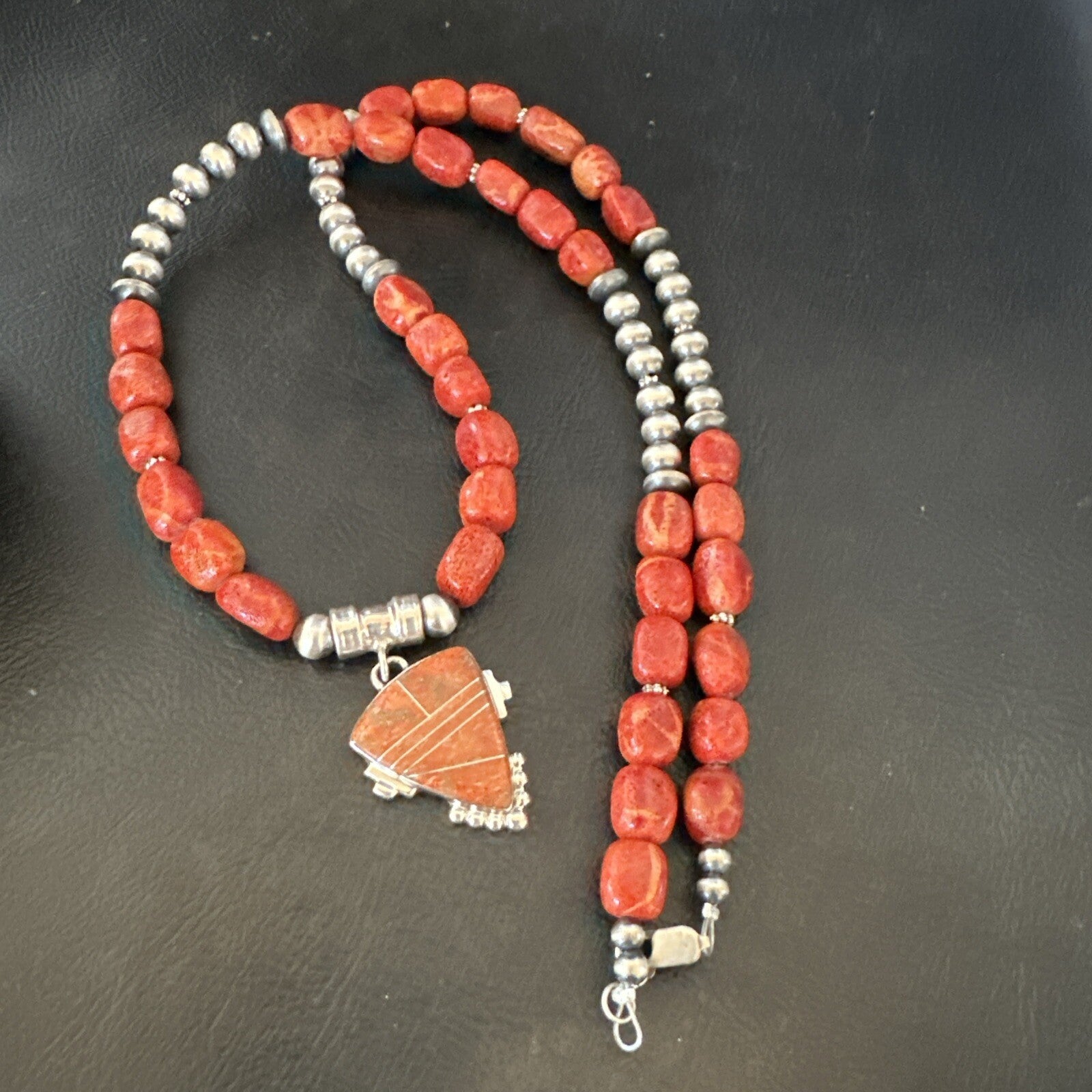 Navajo Apple Sponge Coral Sterling Silver Necklace Inlay Pendant 21” 18685